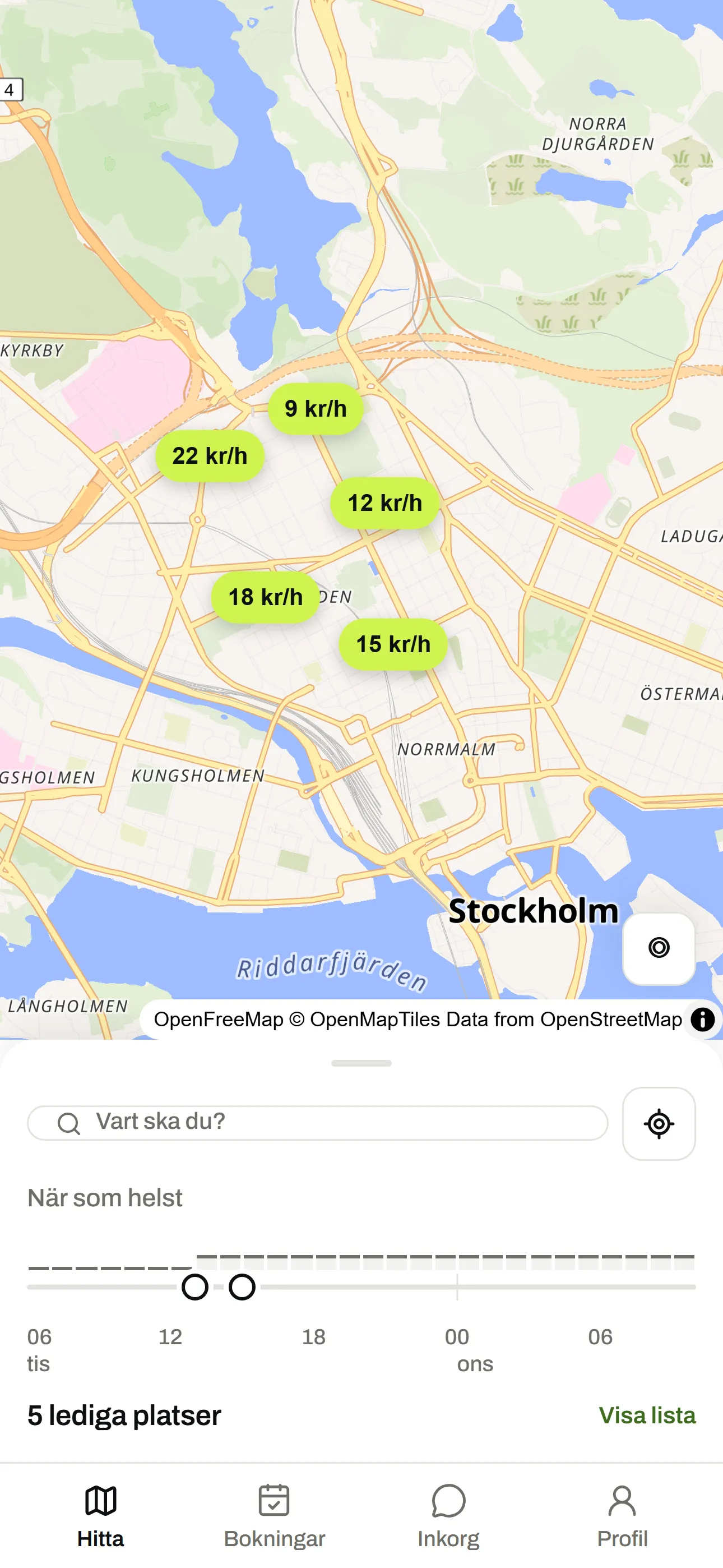 Kartan i appen med lediga parkeringsplatser i Stockholm och timpriset på varje plats
