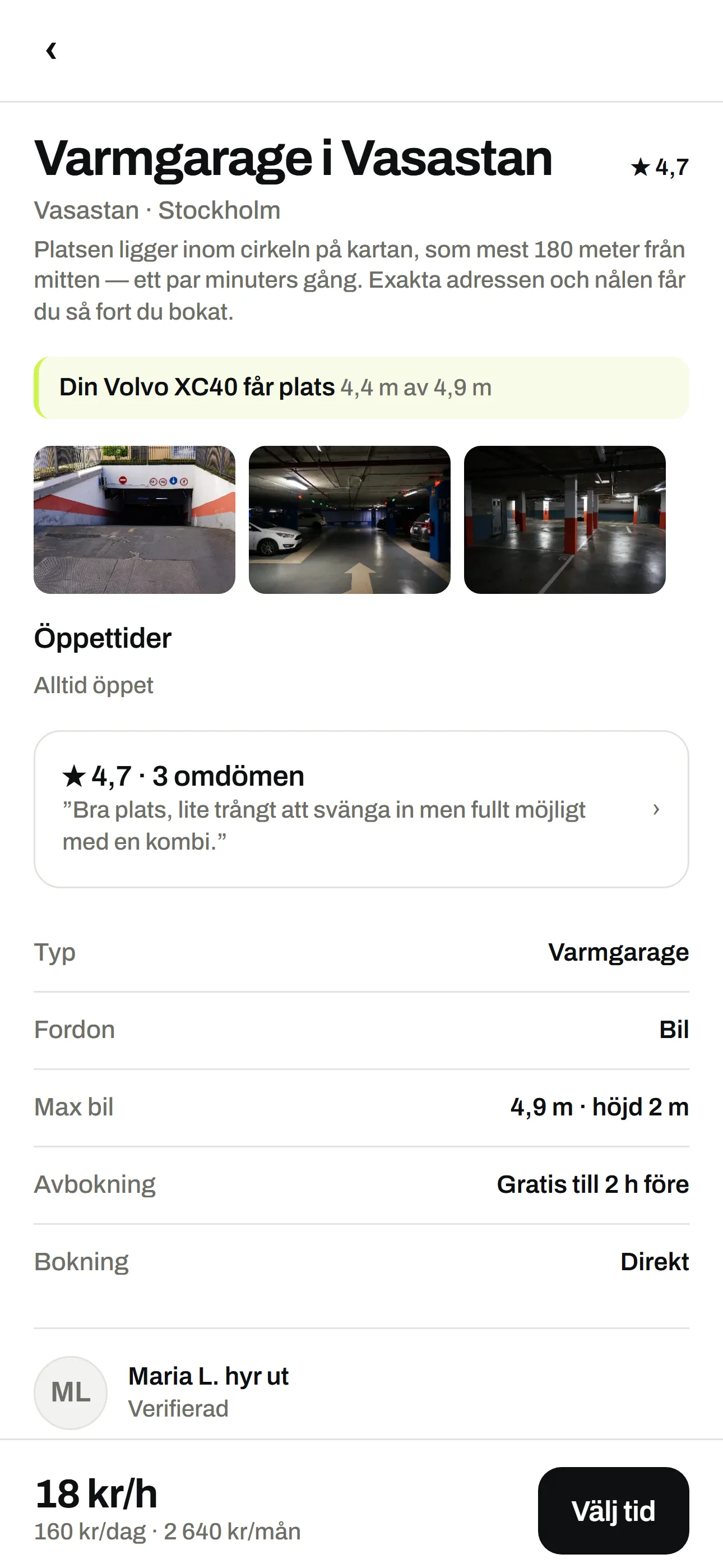 Annonsen för ett varmgarage med foton, öppettider, omdömen och beskedet att bilen får plats