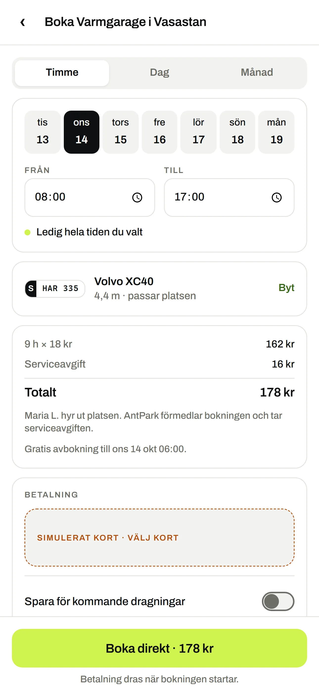 Bokningen av ett varmgarage med vald tid, pris, serviceavgift och summa