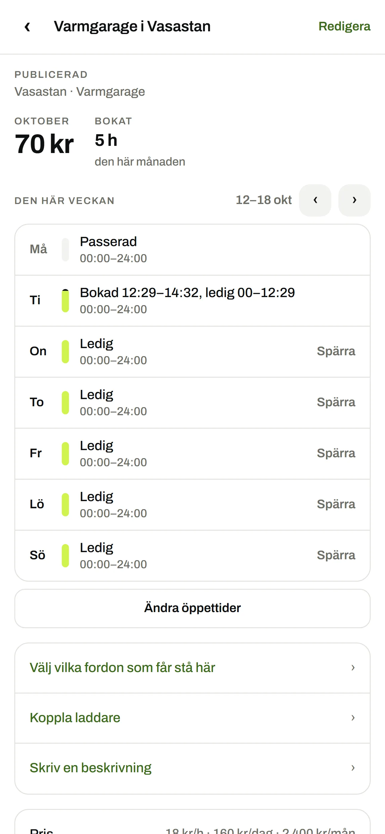 Veckan för en plats, med bokade och lediga dagar och knappen Spärra