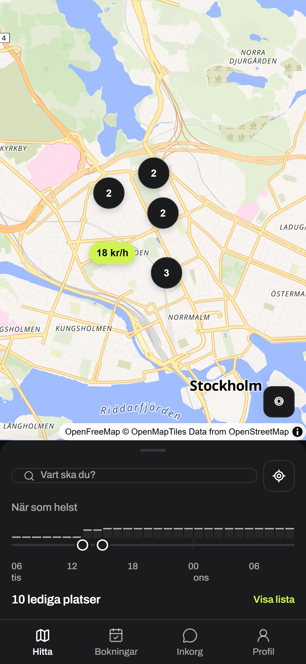 Kartan i mörkt läge, med ljus karta och mörk panel under
