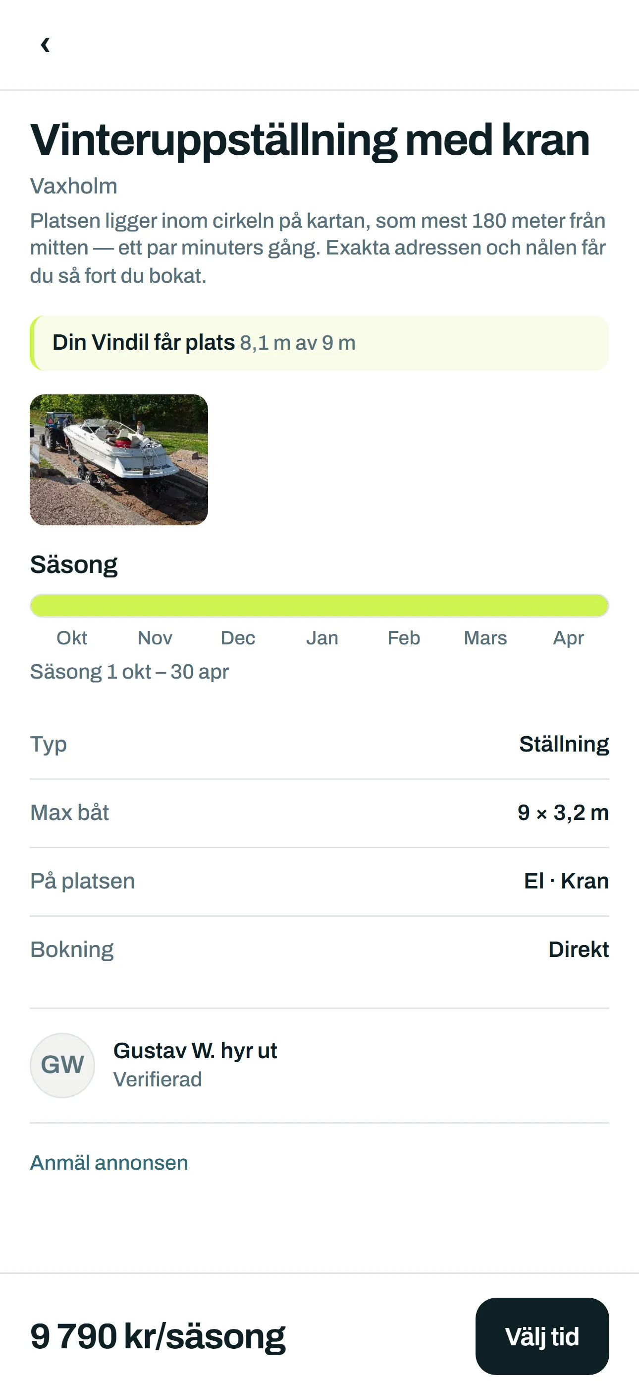 Annonsen för en vinteruppställning med kran, säsong och mått