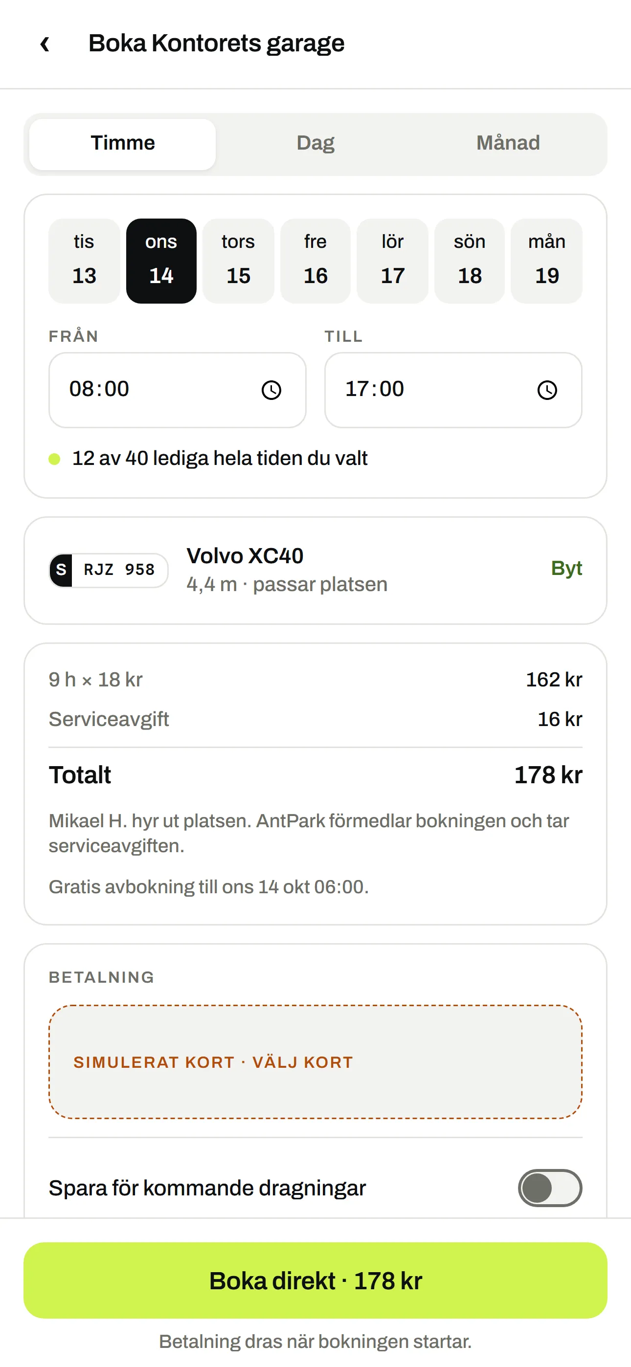 Bokningen av kontorets garage, där appen visar att 12 av 40 platser är lediga