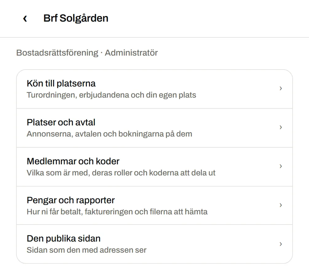 Föreningens sida på webben, med delarna Kön till platserna, Platser och avtal, Medlemmar och koder, Pengar och rapporter och Den publika sidan
